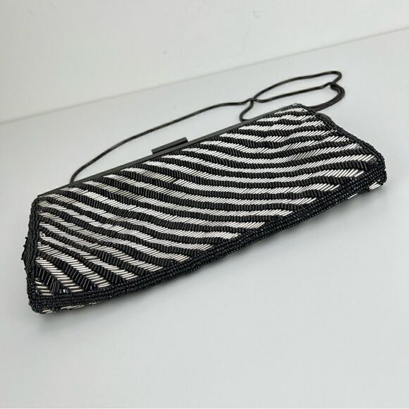 Neiman Marcus Micro Beaded black & silver clutch bag with chain - Picture 5 of 12